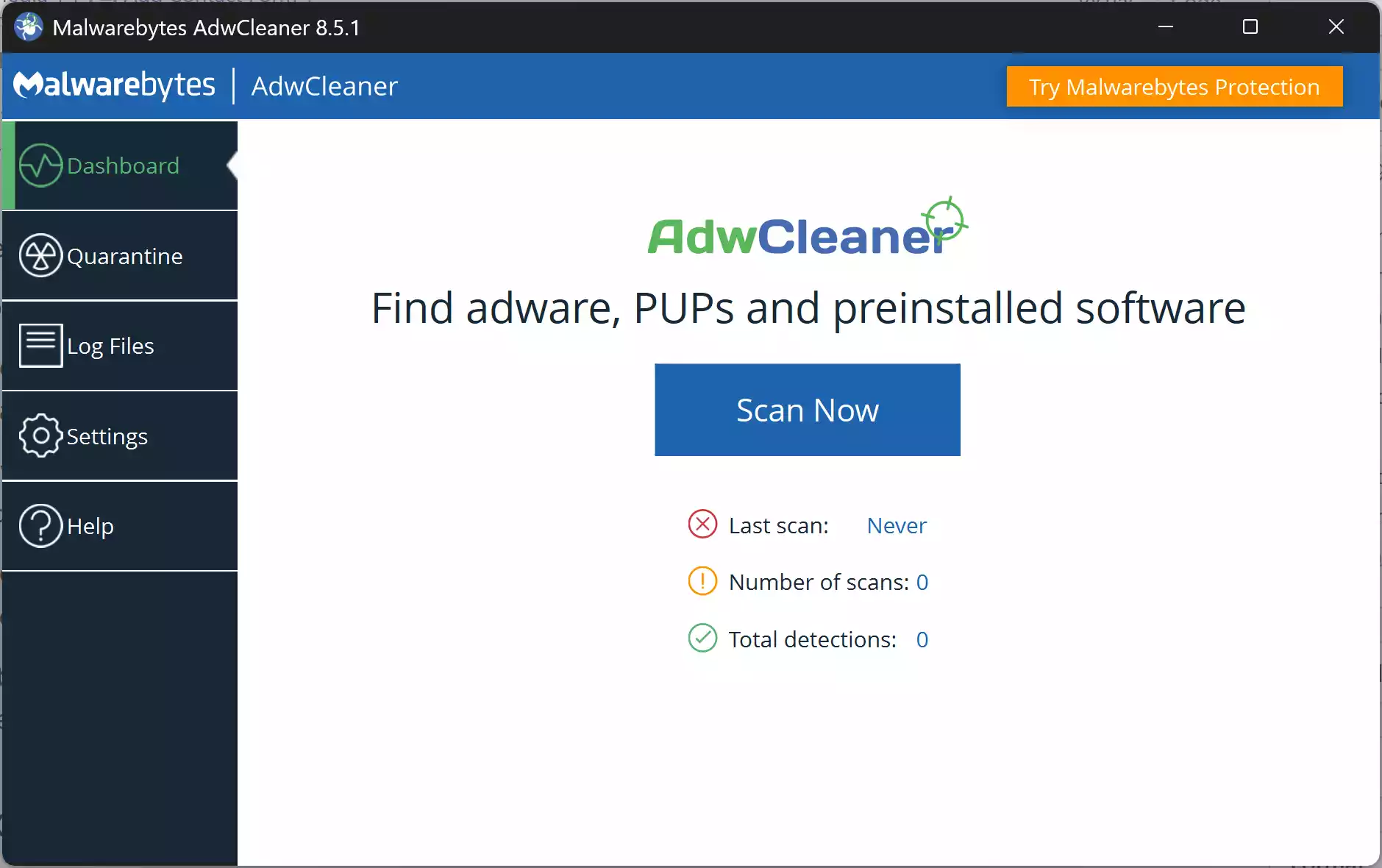 Malwarebytes AdwCleaner main window on Windows
