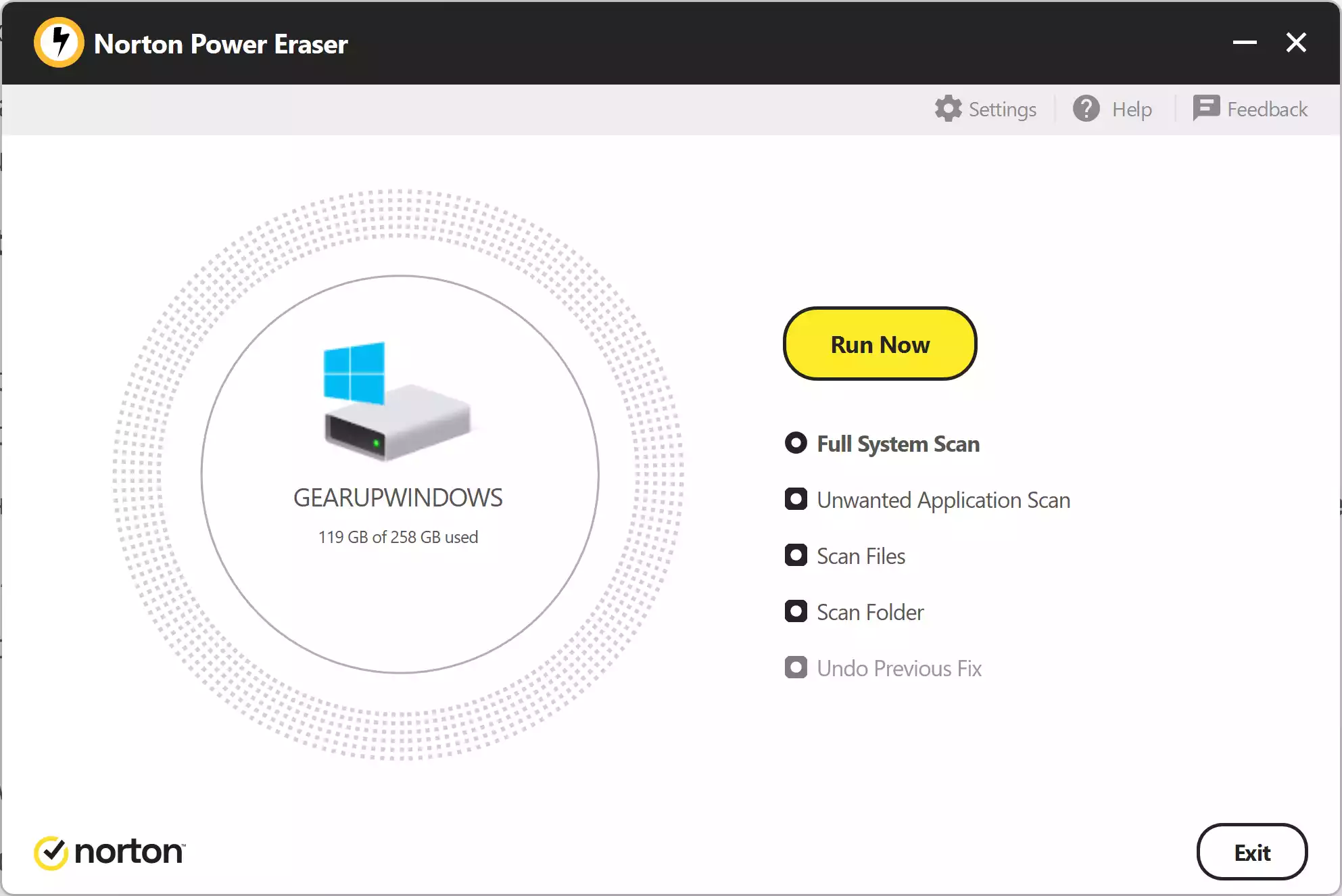 Norton Power Eraser home screen with Run Now and scan modes