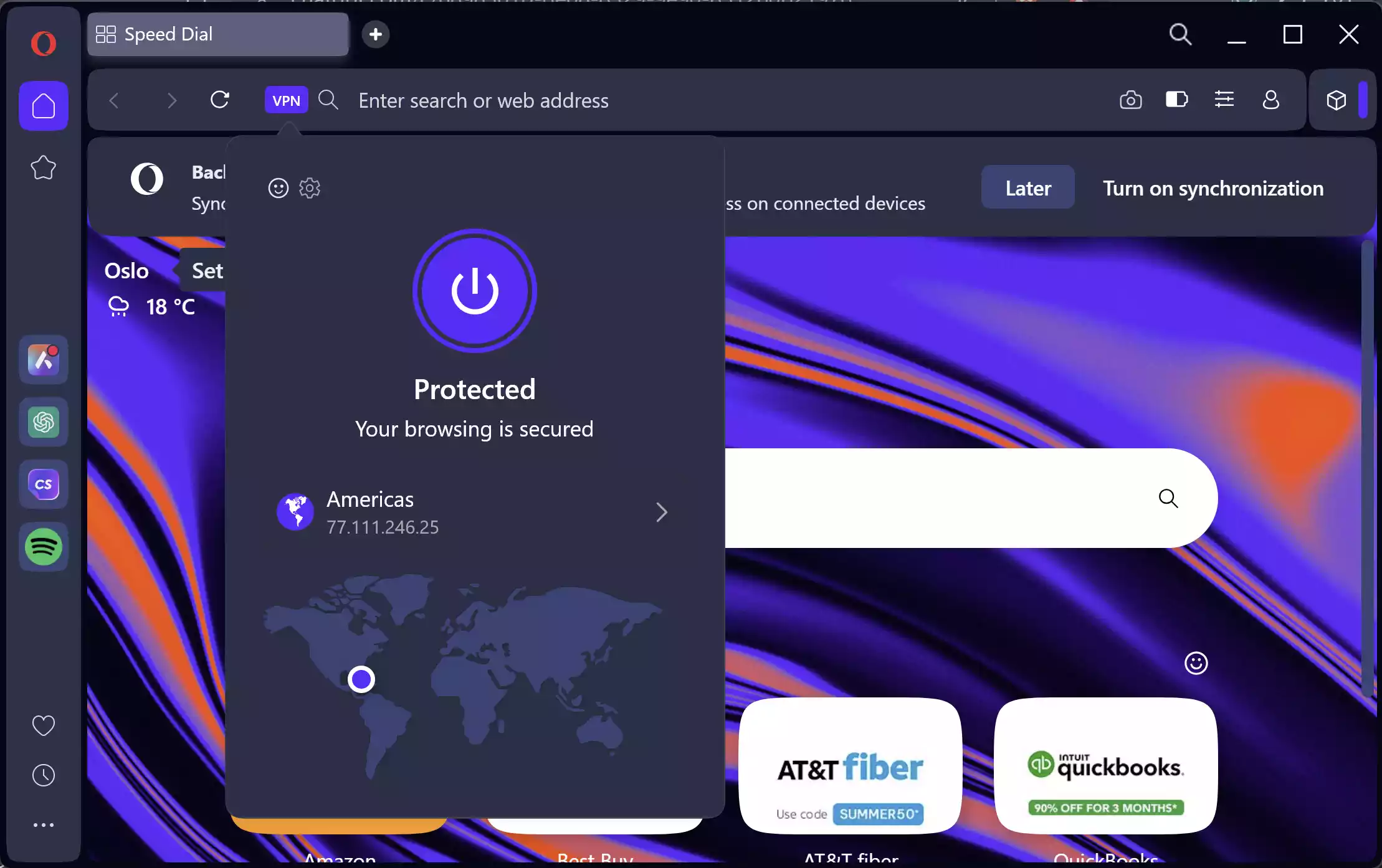 Opera VPN toggle inside the Opera browser