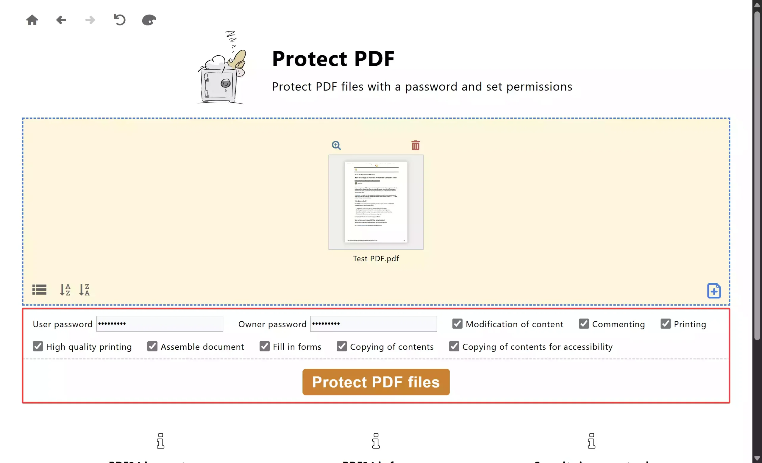 PDF24 Creator - Set open and permissions passwords