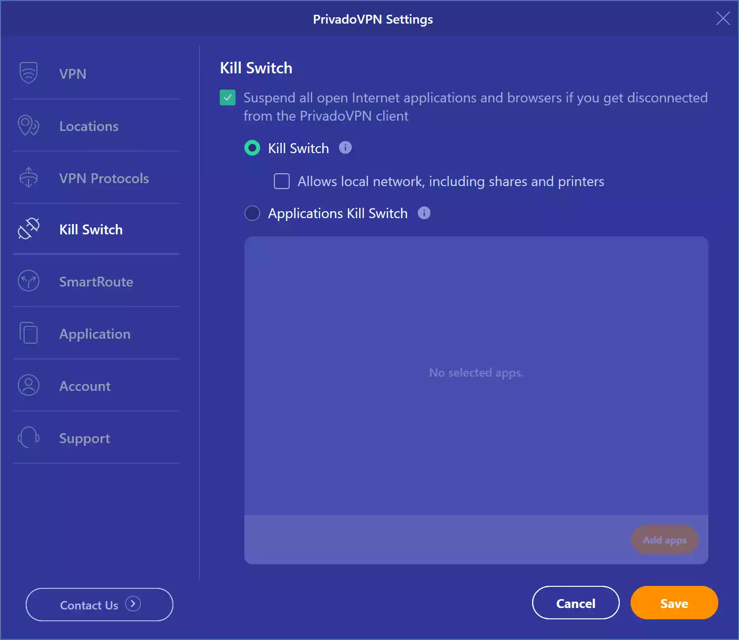 PrivadoVPN Free - Kill Switch Settings