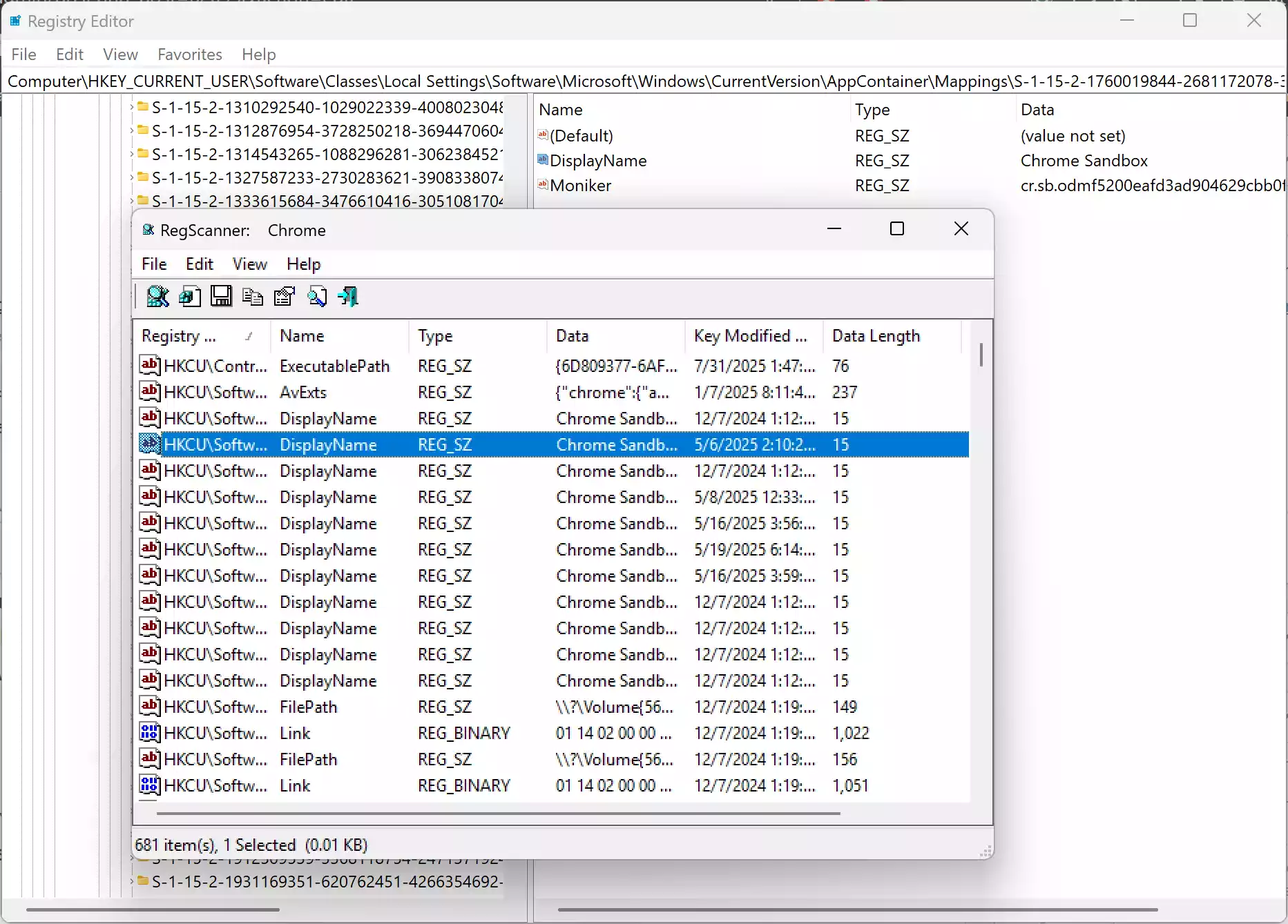 RegScanner registry scan results, opens Windows Registry after double-click