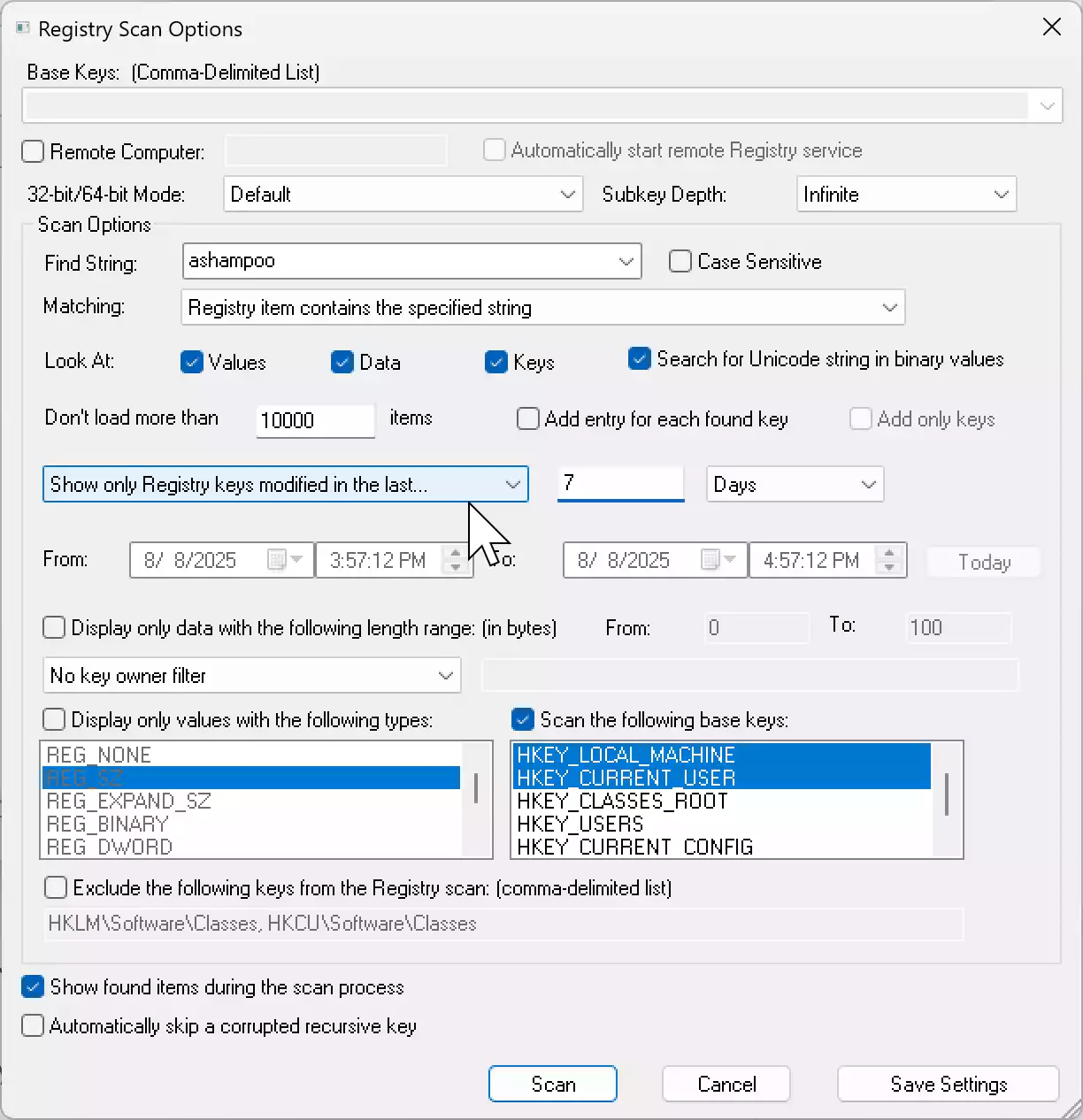 RegScanner filter option to show only recently modified registry keys