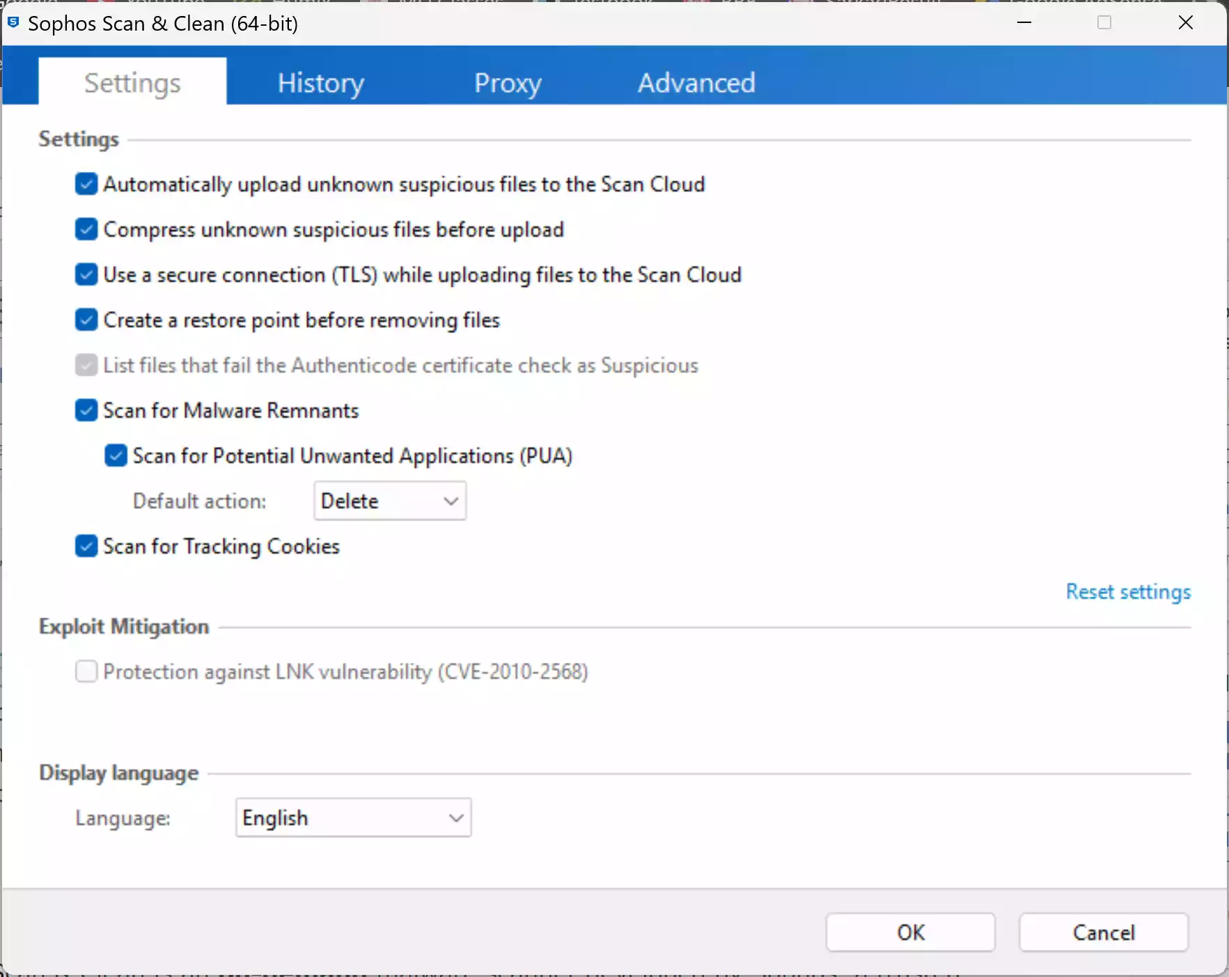 Sophos Scan & Clean - Settings
