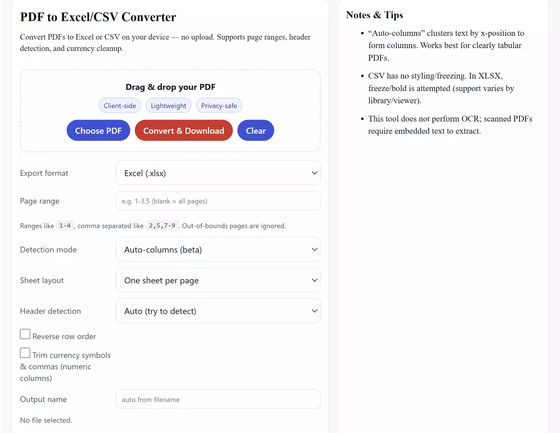 PDF to Spreadsheet Converter — XLSX or CSV, No Upload