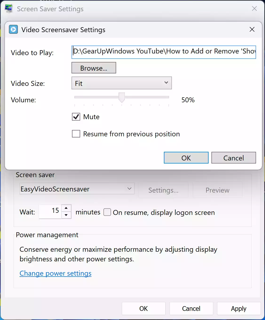 EasyVideoScreensaver Settings
