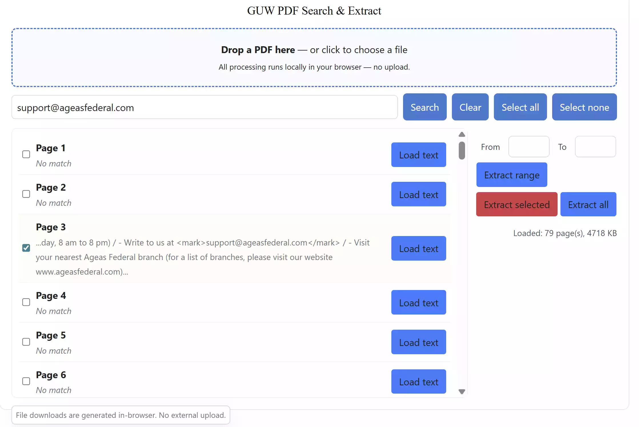 GUW PDF Search & Extract Tool Interface
