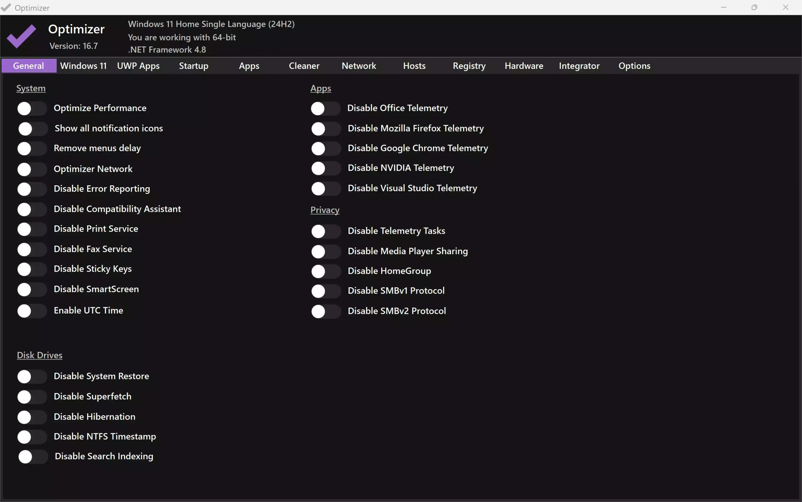 Optimizer-General tab