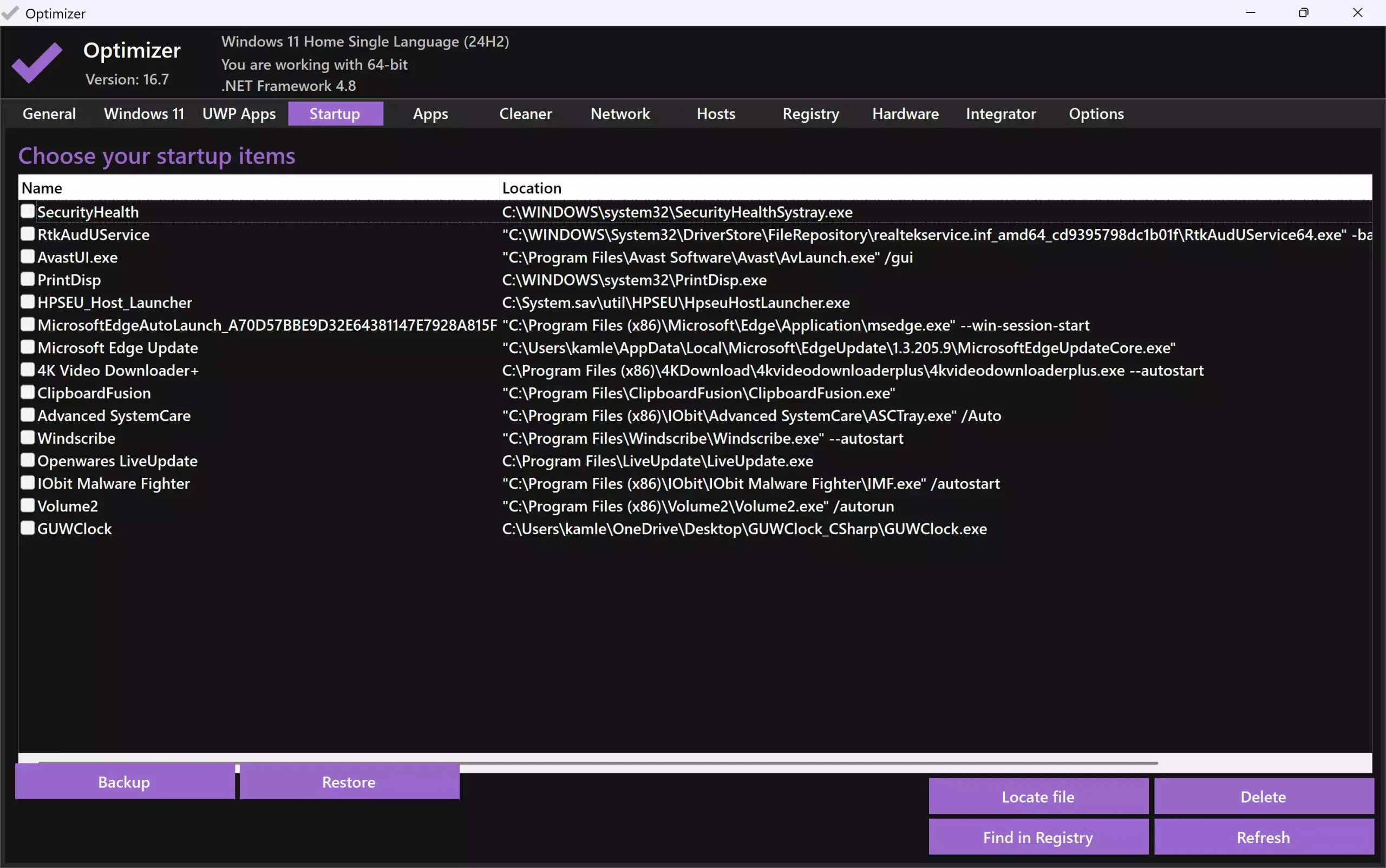 Optimizer-Startup tab