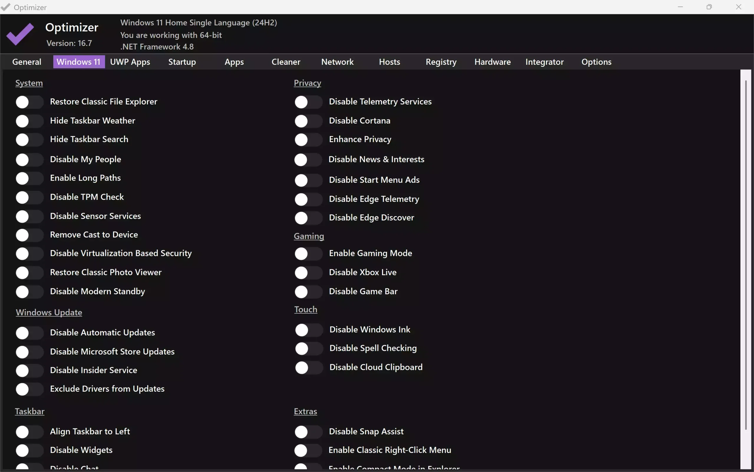 Optimizer-Windows 11 or 10 tab