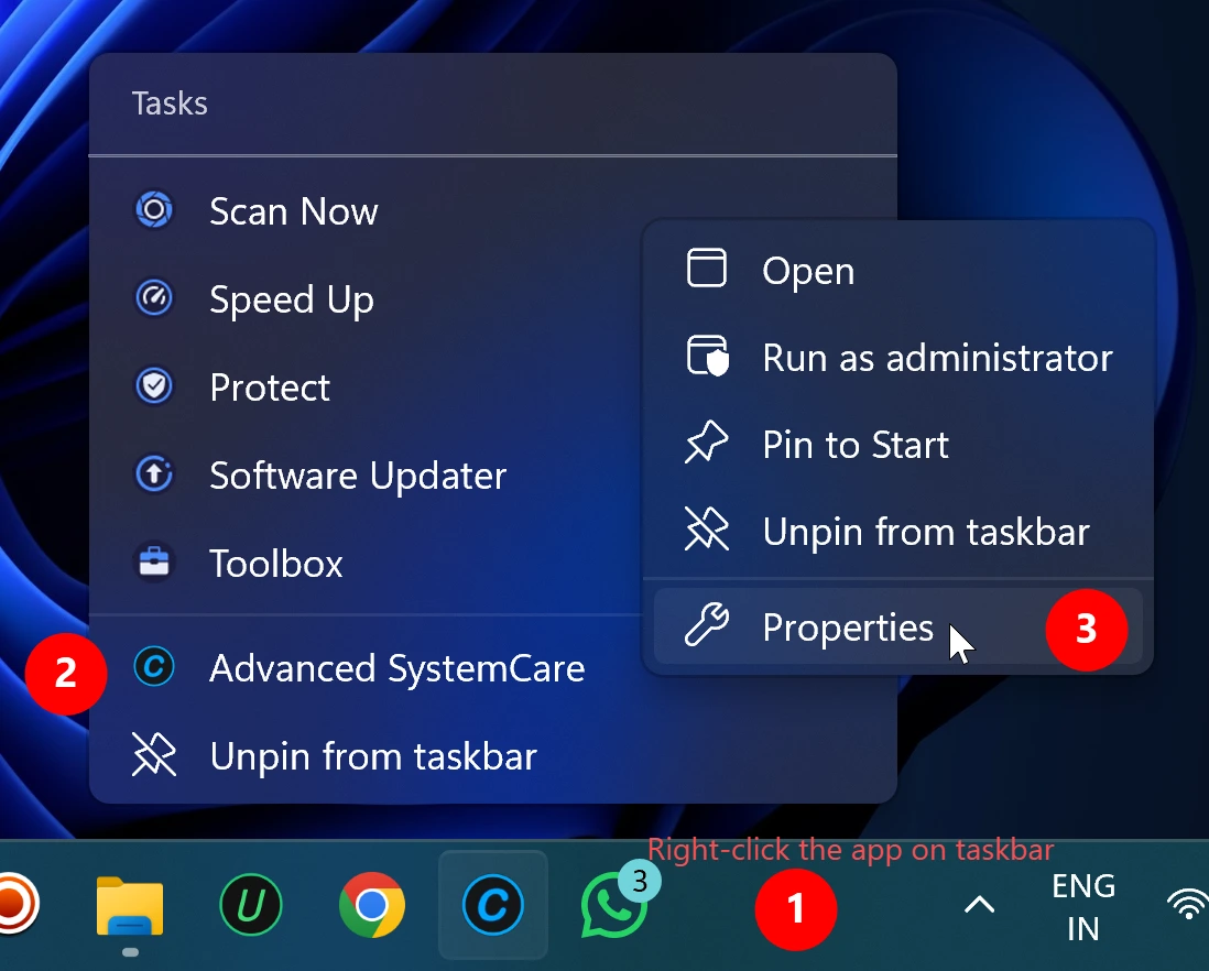 Right-click the pinned taskbar icon