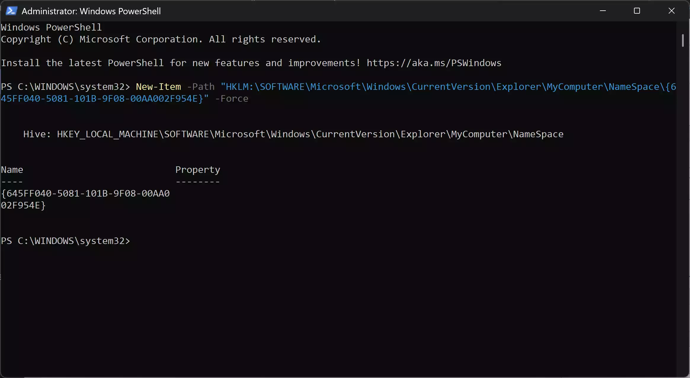 Add Recycle Bin to This PC on Windows 11 using PowerShell