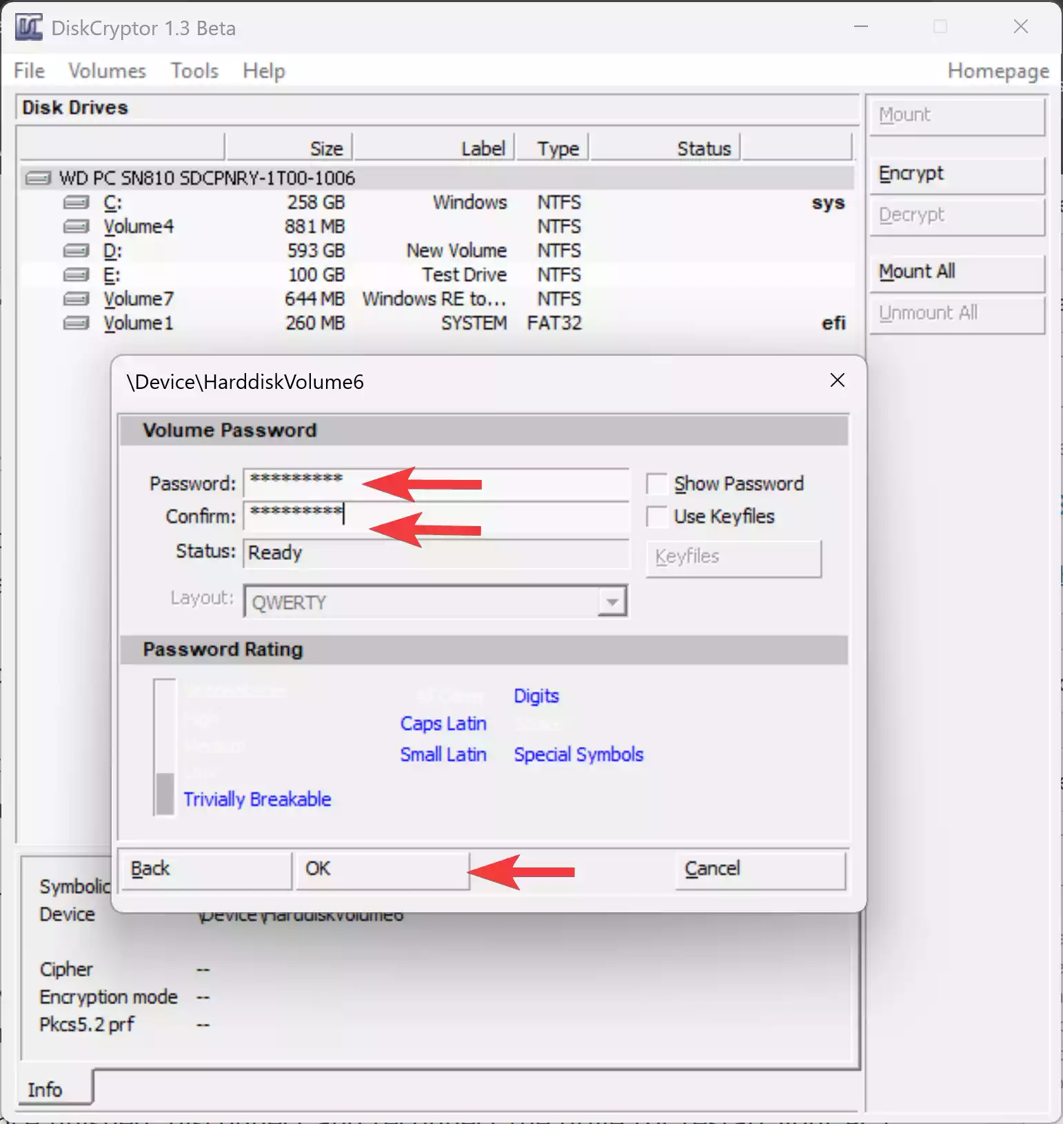 DiskCryptor - Enter a strong password