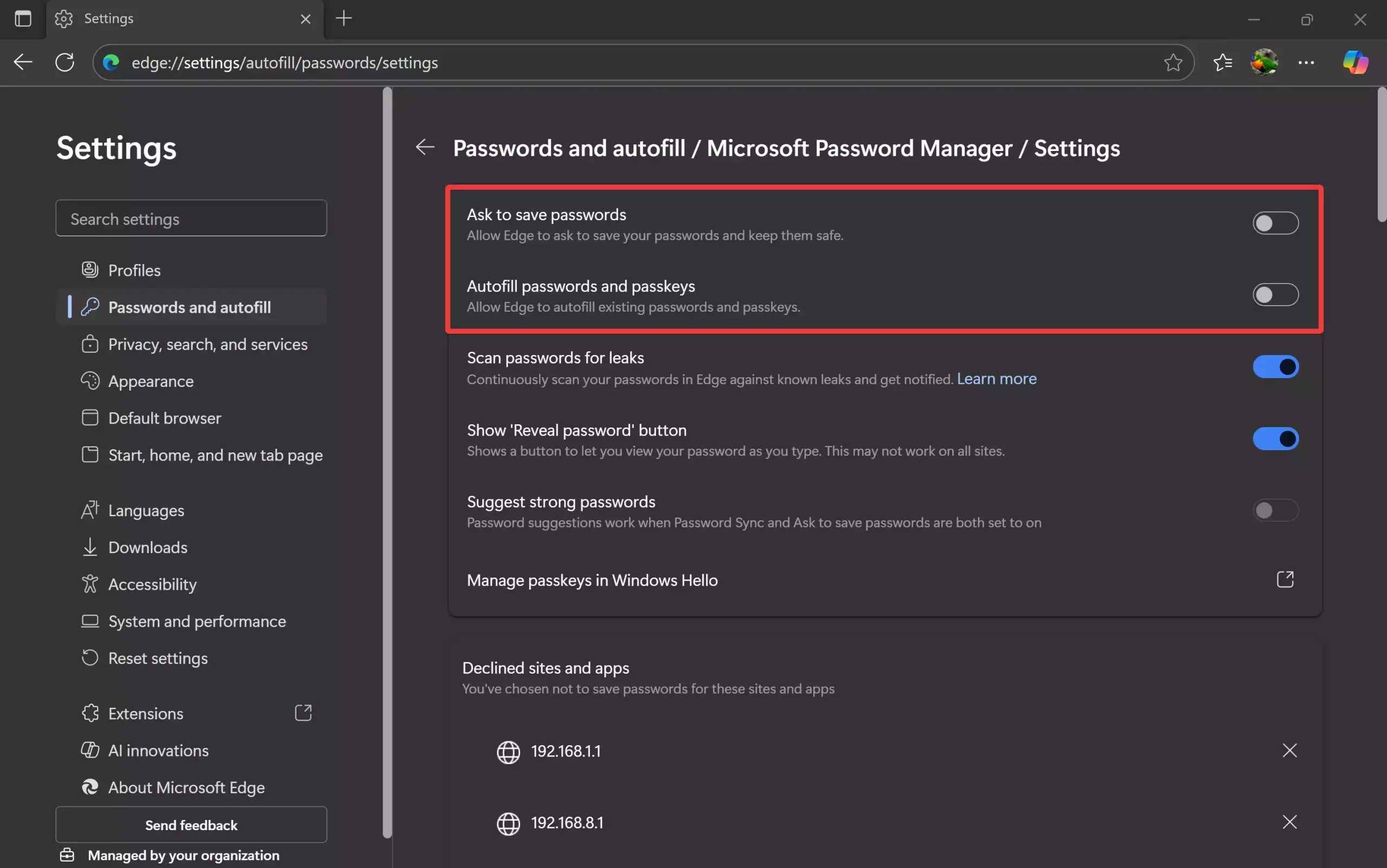 Edge - Ask to save passwords - Autofill passwords and passkeys