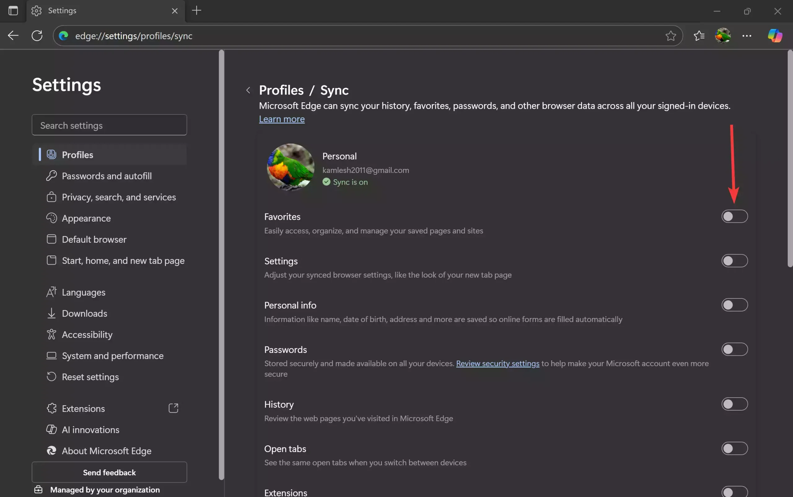 Edge Profile Sync Settings