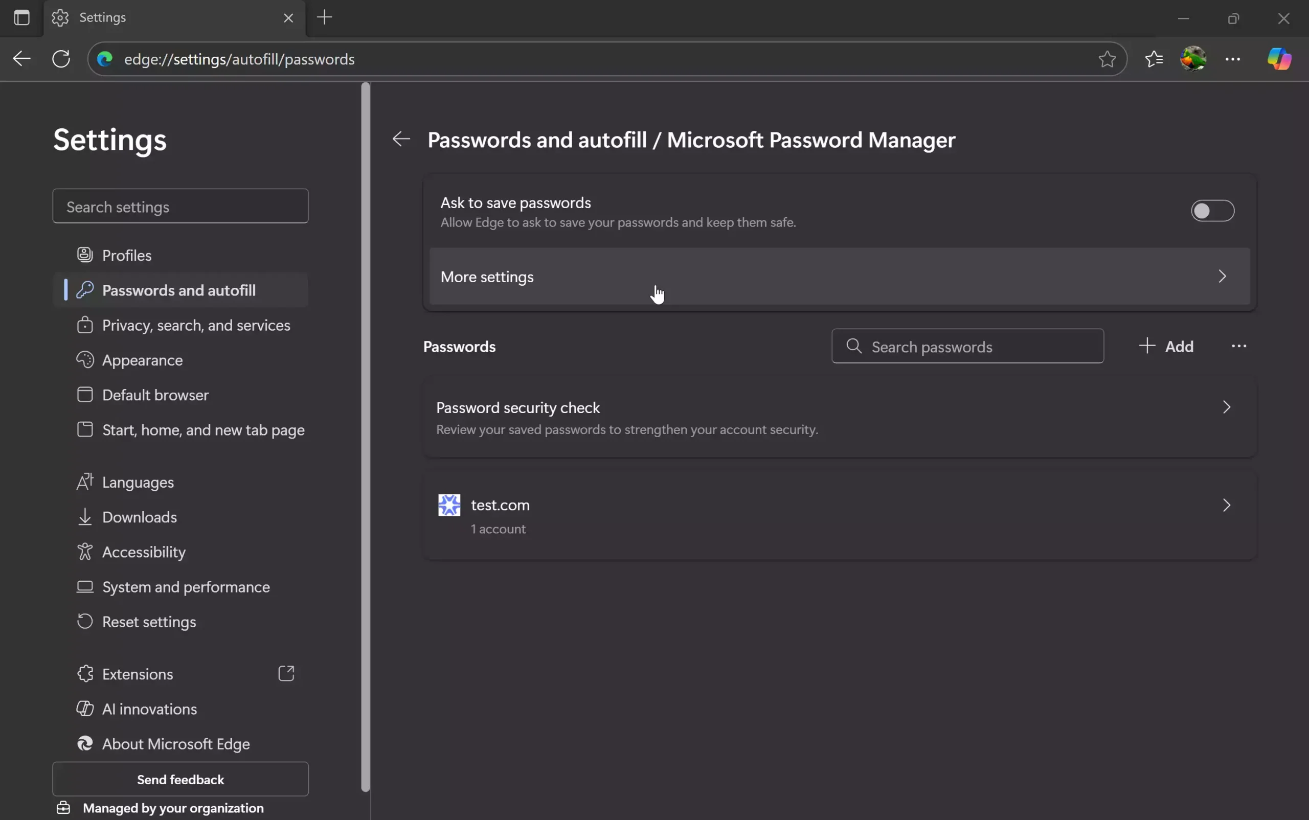 Edge - more settings