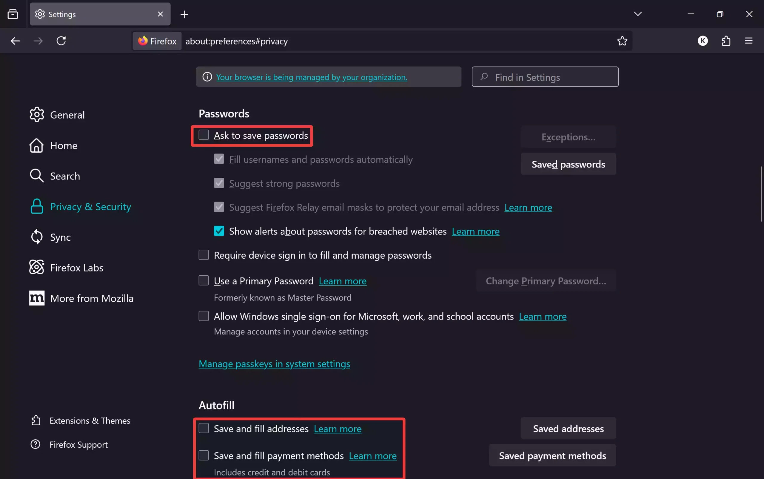 Firefox - Privacy & Security - Passwords and Autofill