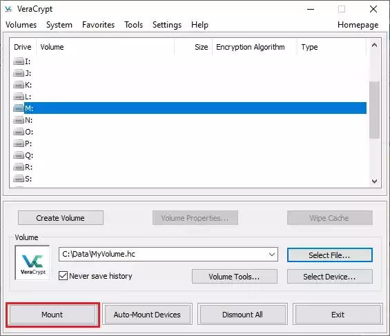 Mounting a Volume in VeraCrypt