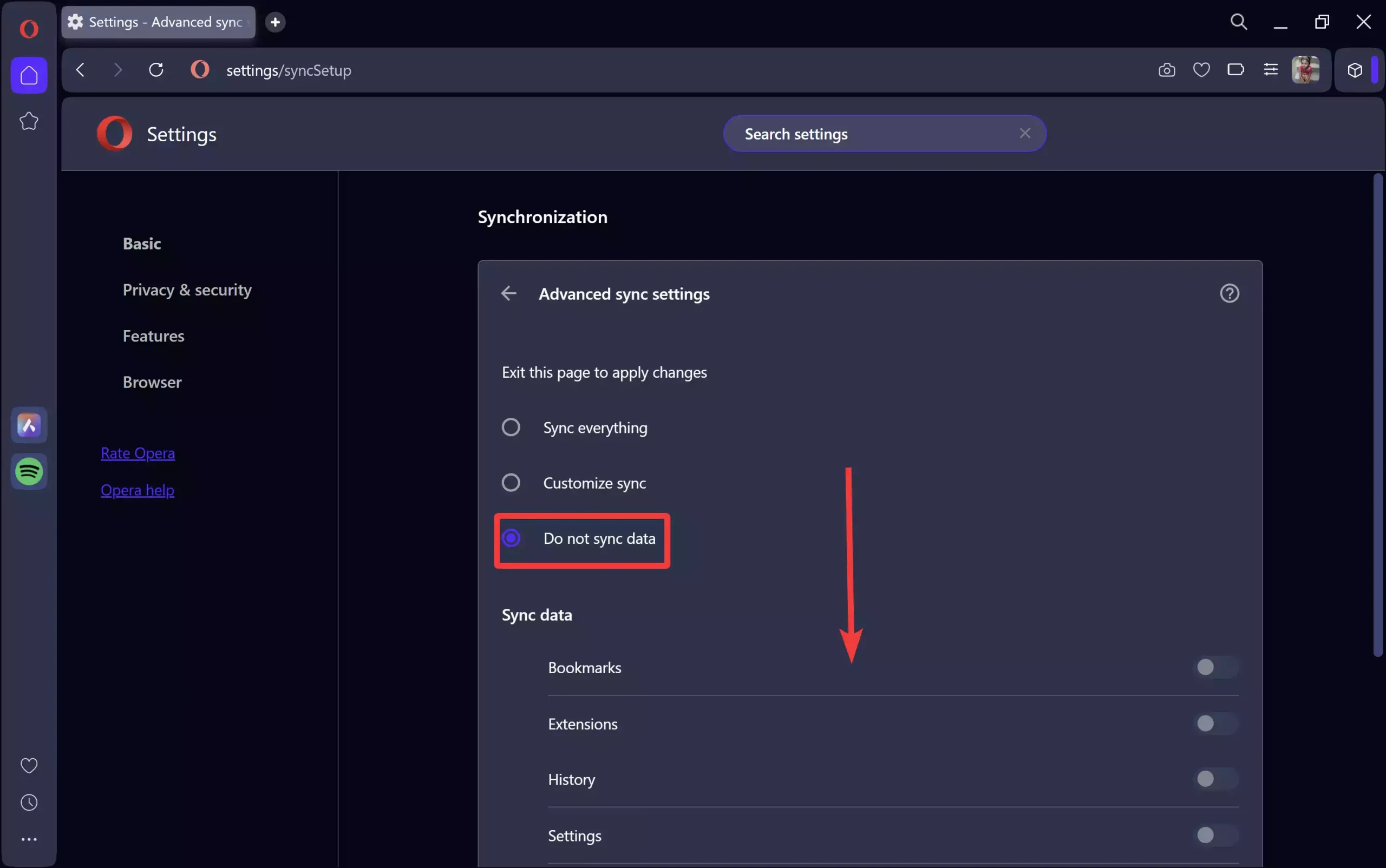 Opera - Do not sync data