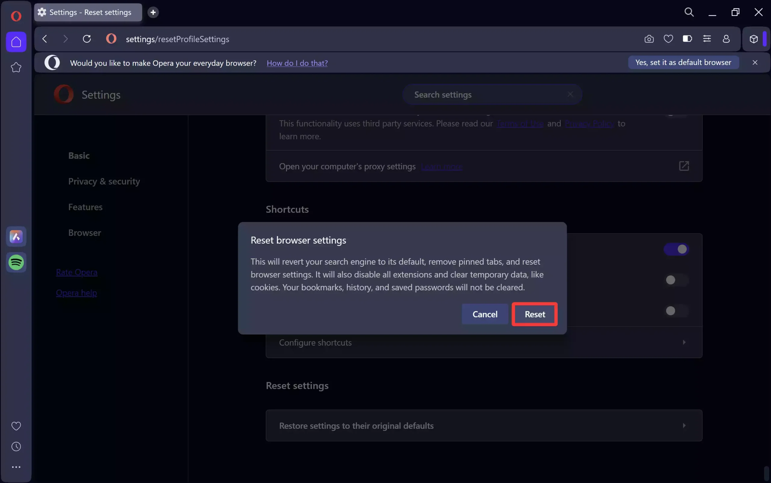 Opera - Reset Browser Settings