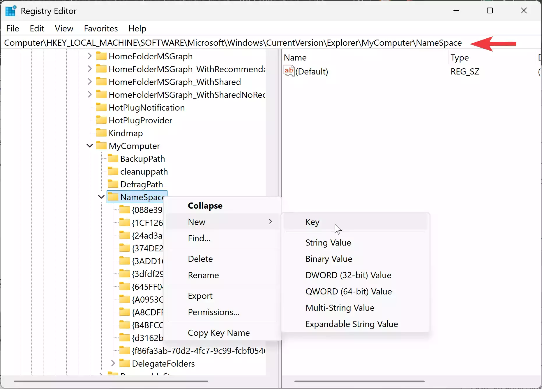 Registry Editor - NameSpace