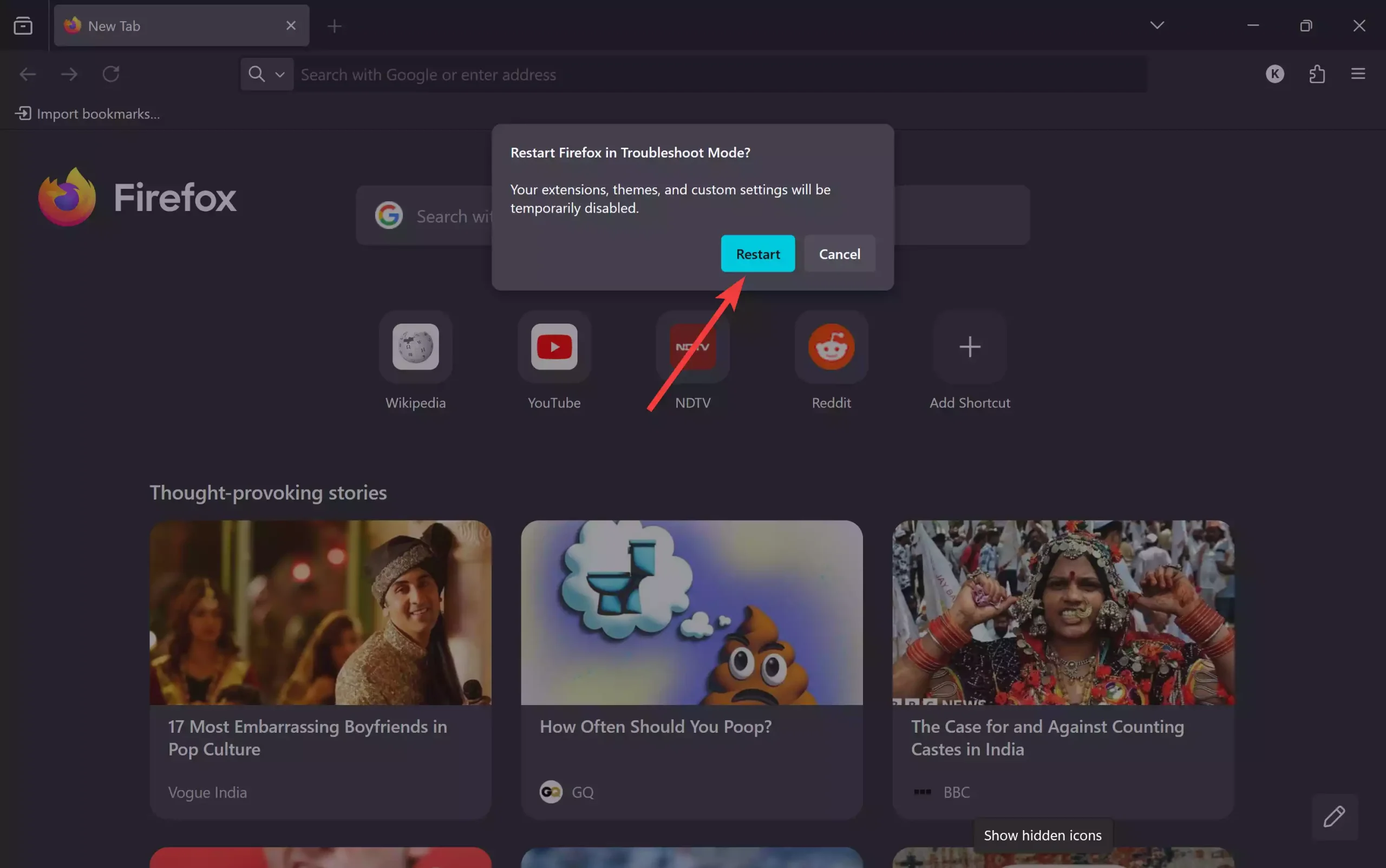 Restart Firefox in Troubleshoot Mode