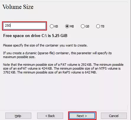 VeraCrypt Volume Size