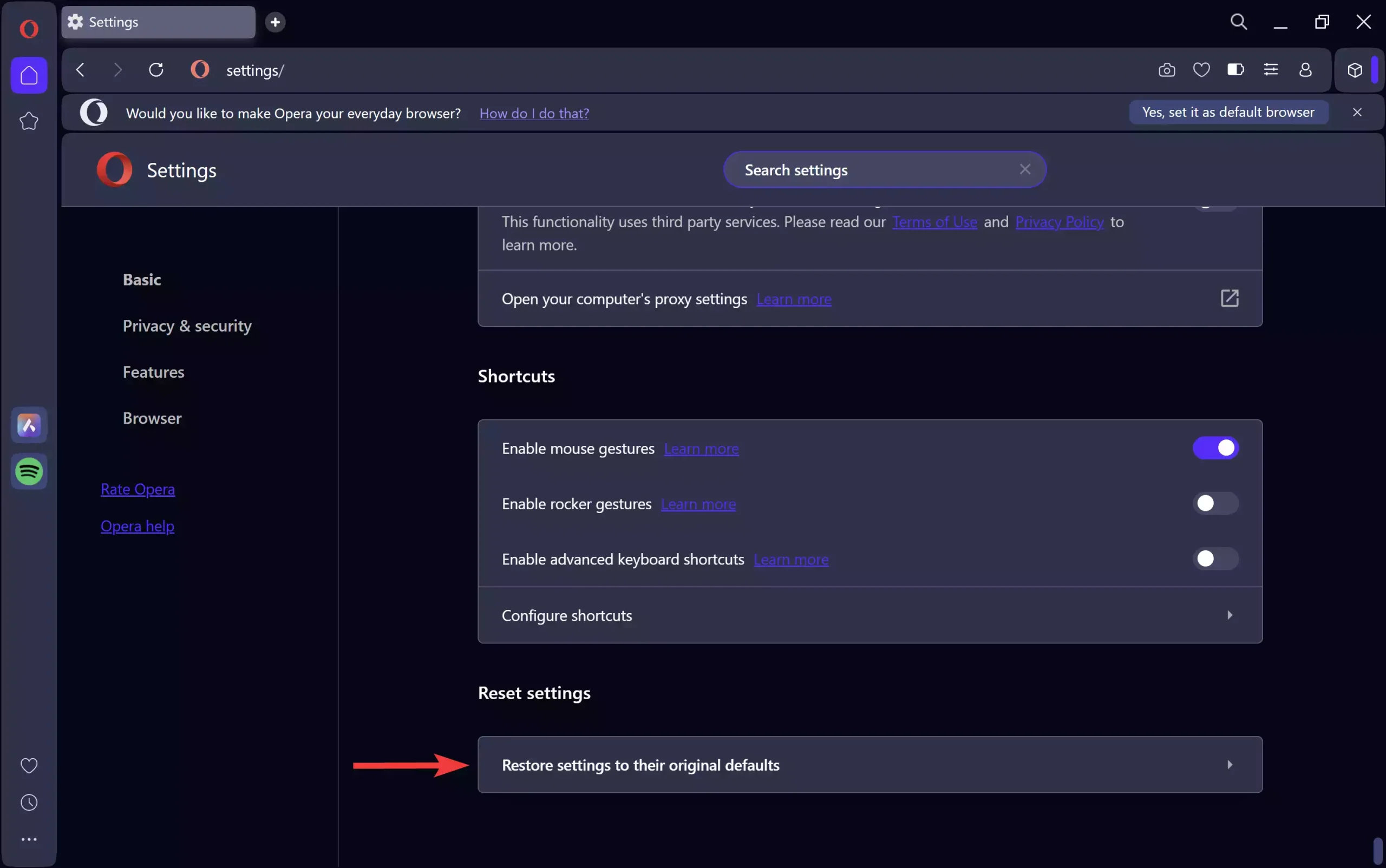 Opera Reset settings